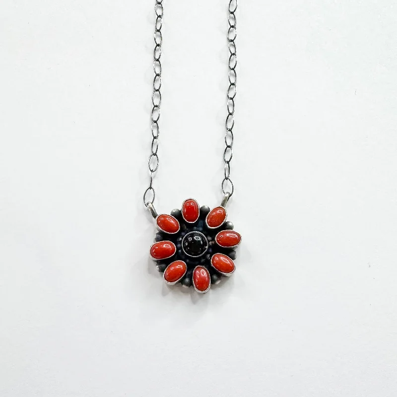 vintage necklaces for women-Timothy Yazzie | Navajo Handmade Sterling Silver Stone Flower Pendant Necklace in Red Coral and Onyx