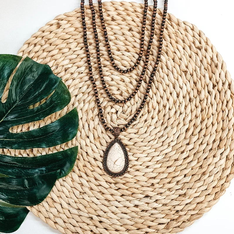 pearl necklaces for women-Navajo Pearl Inspired Layering Necklace in Bronze Tone with White Teardrop Stone