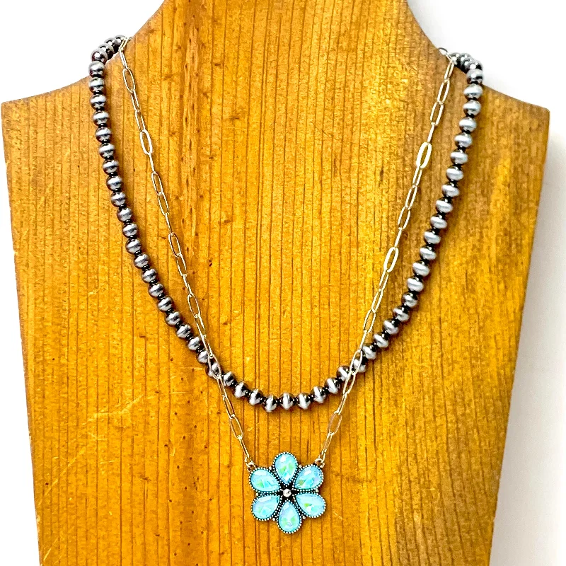 wedding necklaces for women-Prairie Petals Faux Navajo Pearl and Chain Necklace in Turquoise Blue and Silver Tone