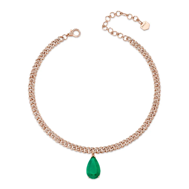 chunky gold necklaces for women-EMERALD TEARDROP PAVE MINI PAVE LINK CHOKER