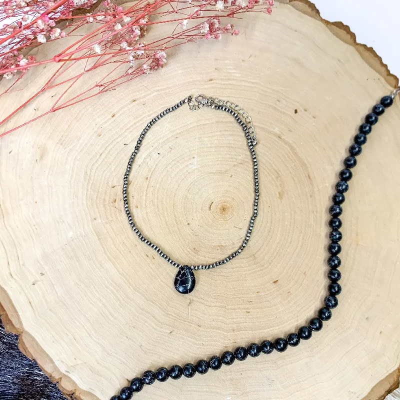 gold necklaces for women-Small Faux Navajo Pearls Choker Necklace in Silver Tone with Black Teardrop Stone