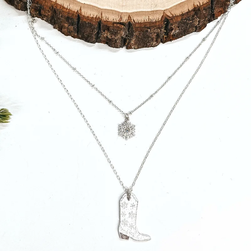 charm necklaces for women-Winter Fate Double Strand Silver Tone Necklace with Silver Tone Snowflake and Snowflake Patterned Boot Pendant in White