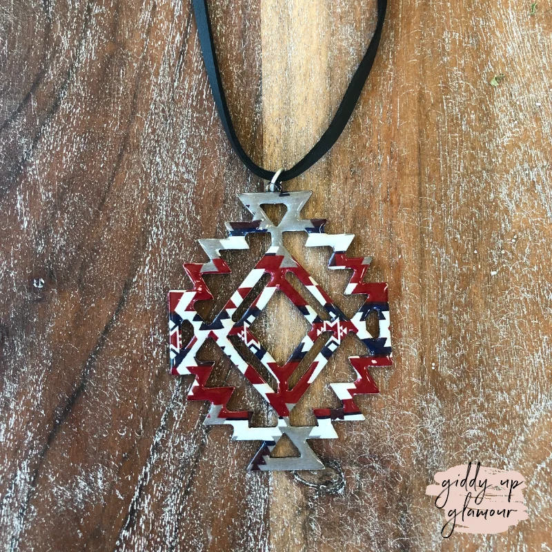 bold necklaces for women-Long Black Leather Necklace with Tribal Pendant in Red and White