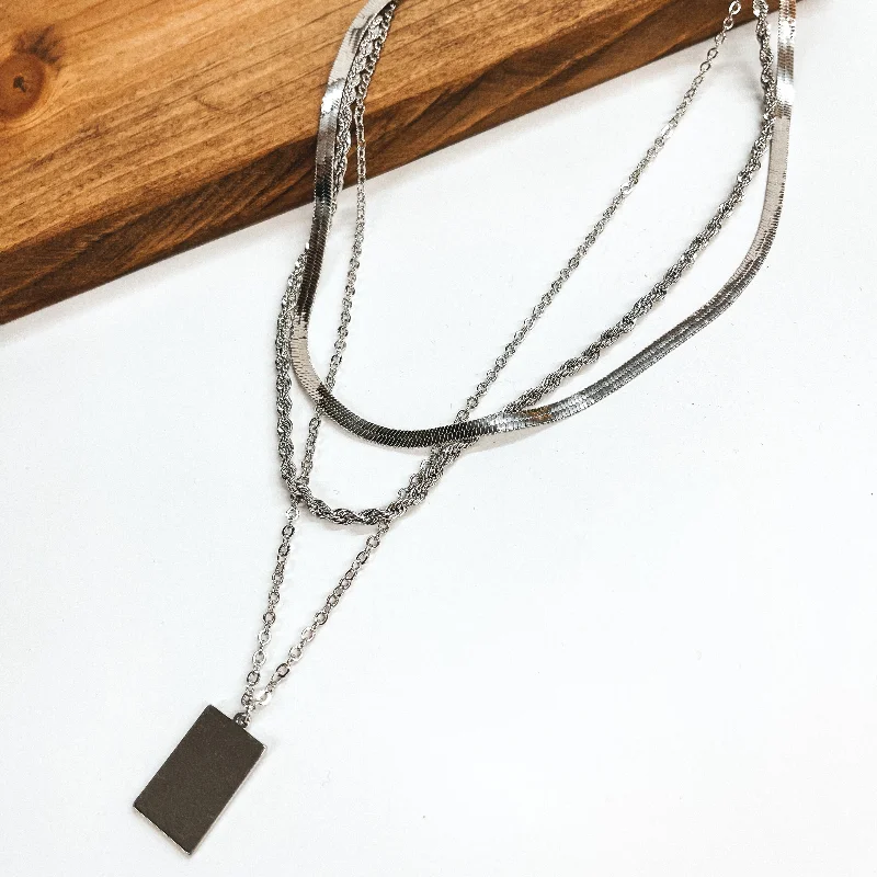 heart pendants for women-Three Strand Multi Chain Necklace Set with Rectangle Pendant in Silver Tone