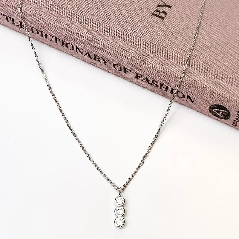 silver-plated necklaces for women-Silver Tone Necklace with Triple Clear Crystal Pendant