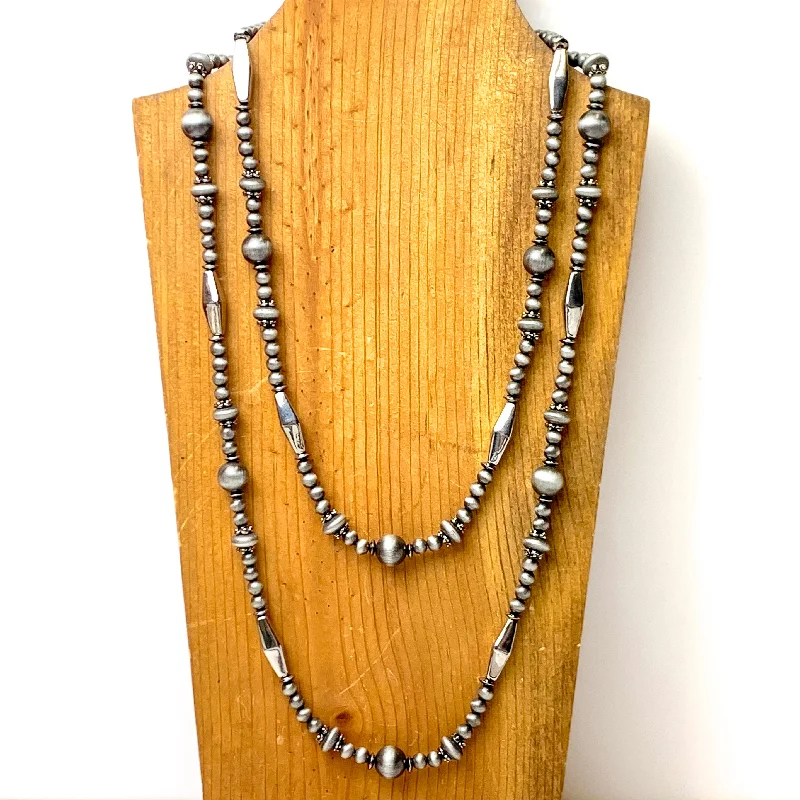 double chain necklaces for women-Silver Tone Faux Navajo Pearl and Melon Bead Layering Necklace