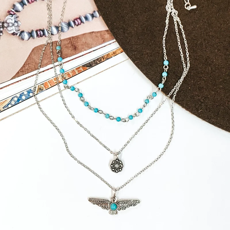 white gold necklaces for women-Set Me Free Three Layered Silver Necklace with Turquoise Beaded Chain and Thunderbird Pendant