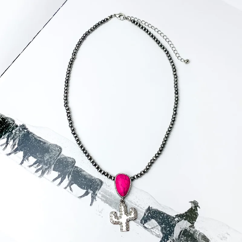 layered pearl necklaces for women-Cactus Queen Faux Navajo Silver Tone Necklace with Stone in Pink