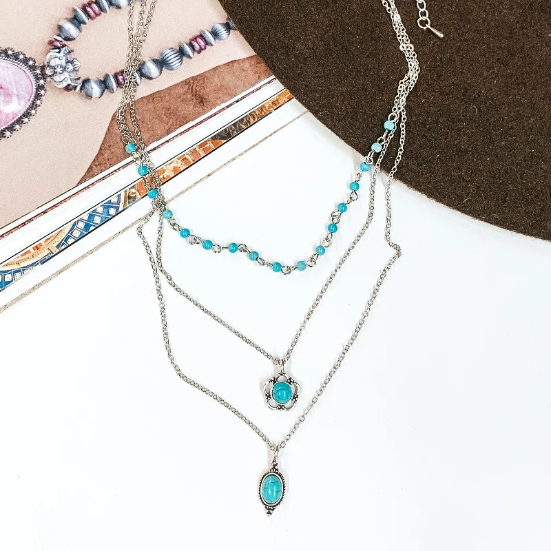 long chain necklaces for women-Yours For The Weekend Three Layered Silver Necklace with Beaded Chain and Stone Pendants in Turquoise