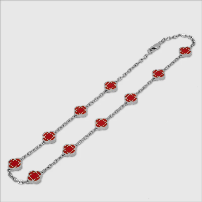 chain necklaces for women-Red Clover Stone Necklace (Silver)