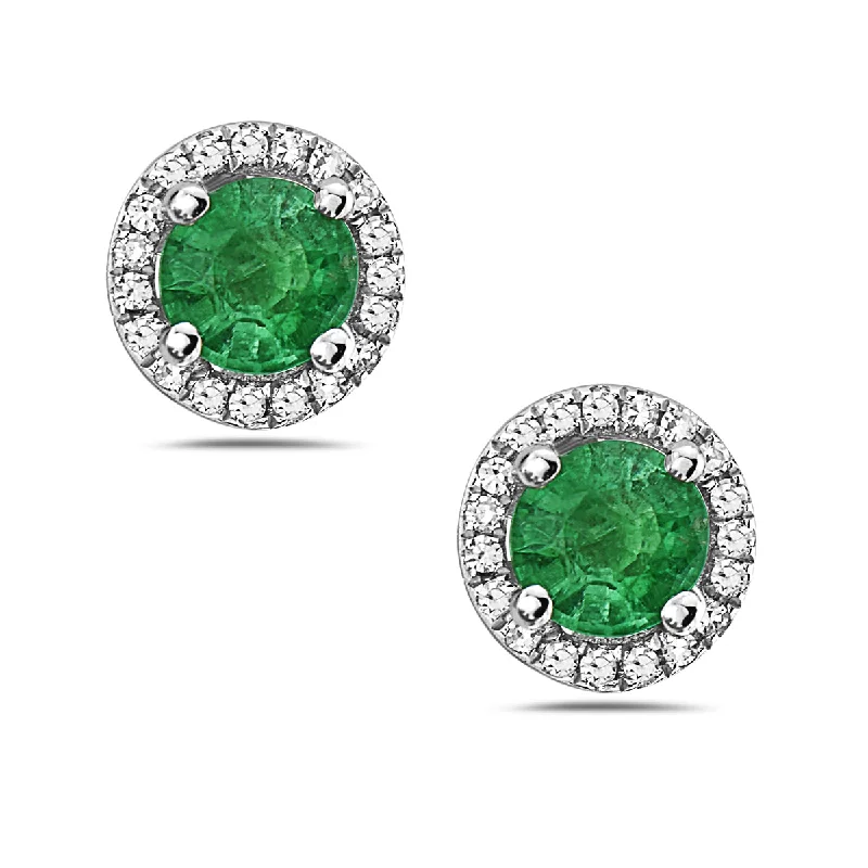 antique earrings for women-Emerald And Diamond Halo Post Earrings