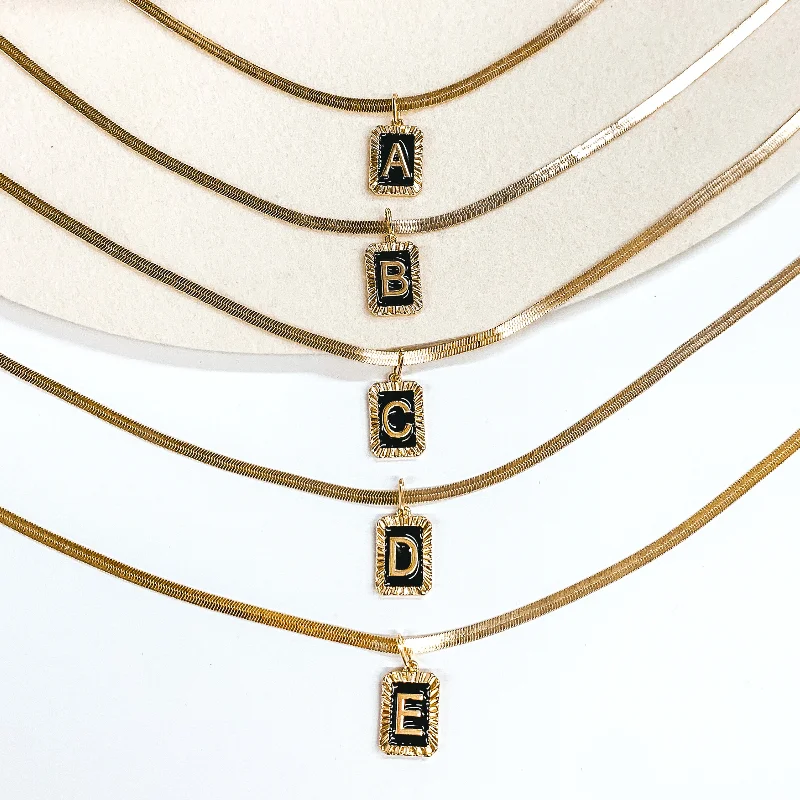 vintage-inspired necklaces for women-Gold Tone Herringbone Chain Necklace with Rectangle Initial Pendant in Black