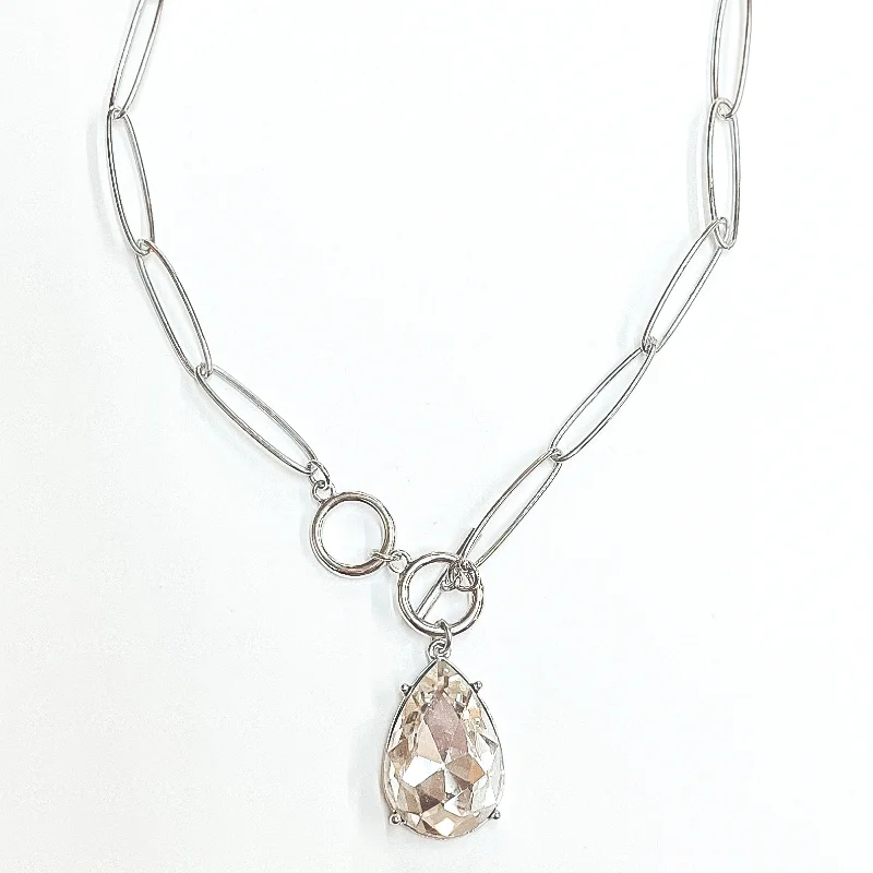 moonstone necklaces for women-Pink Panache | Front Toggle Thin Chain Necklace with Large Clear Teardrop Crystal in Silver