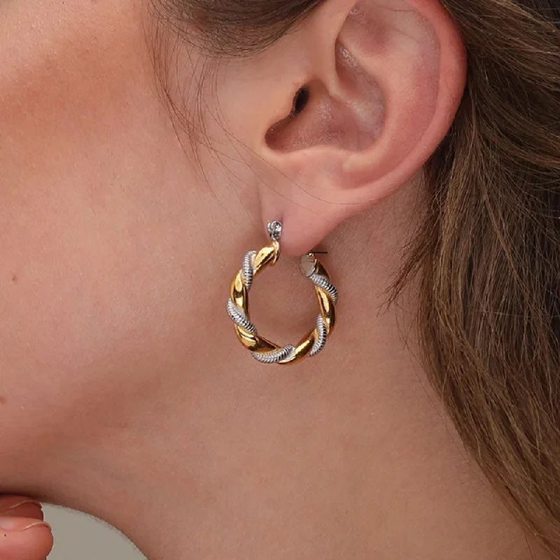 trendy earrings for women-Golden Silver Twisted Hoop Earrings