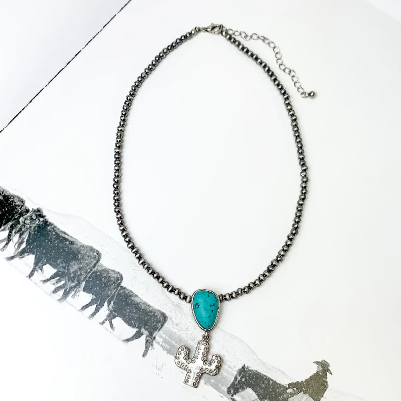 boho necklaces for women-Cactus Queen Faux Navajo Silver Tone Necklace with Stone in Turquoise