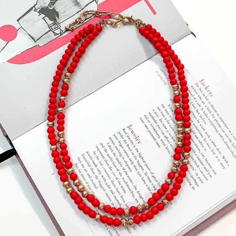 long chain necklaces for women-Making Joy Small Beaded Two Strand Necklace with Gold Tone Spacers in Red