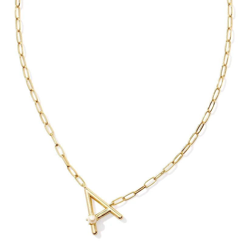 beaded necklaces for women-Kendra Scott | Pearl Gold Initial Letter Short Pendant Necklace in White Pearl