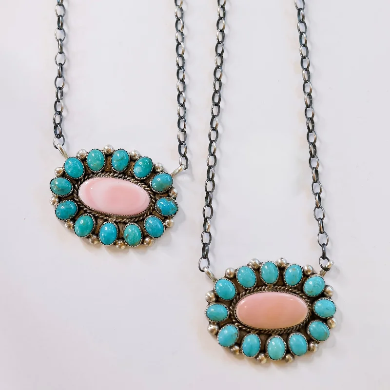 silver necklaces for women-Maxine Ramirez | Navajo Handmade Sterling Silver Kingman Turquoise Cluster Pendant Necklace with Pink Conch Center Stone