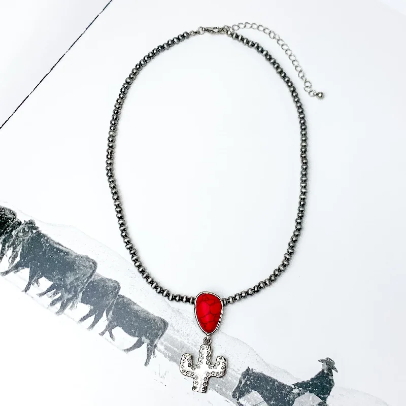 silver heart necklaces for women-Cactus Queen Faux Navajo Silver Tone Necklace with Stone in Red