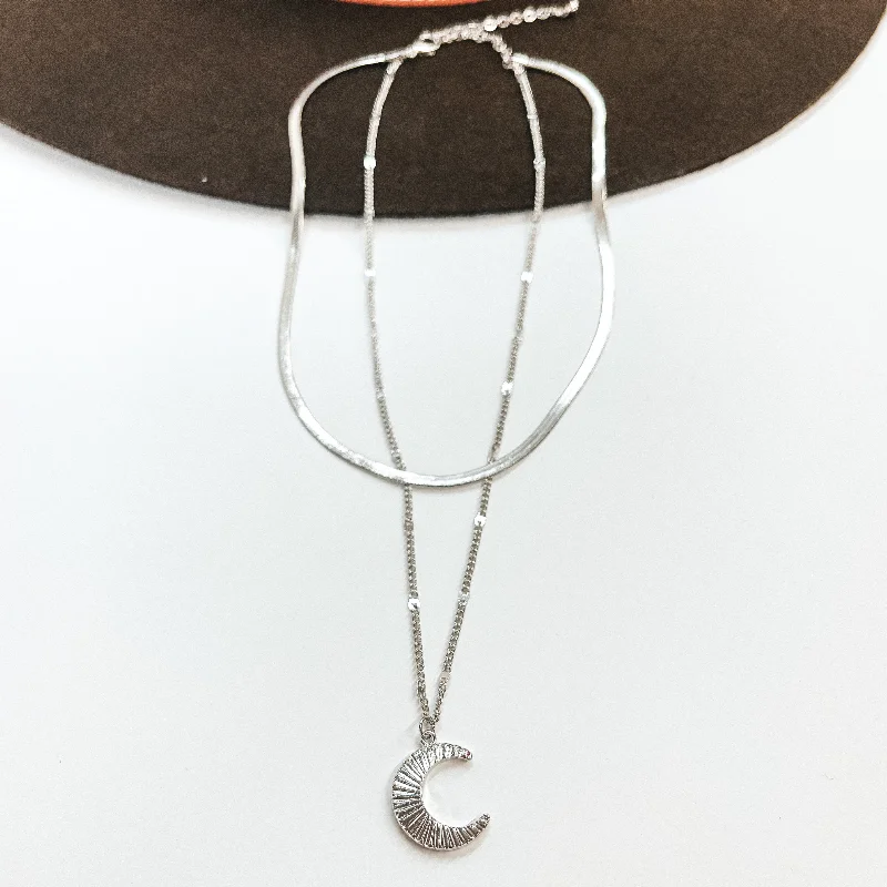 adjustable necklaces for women-Layered Herringbone Chain Necklace with Moon Pendant in Silver Tone