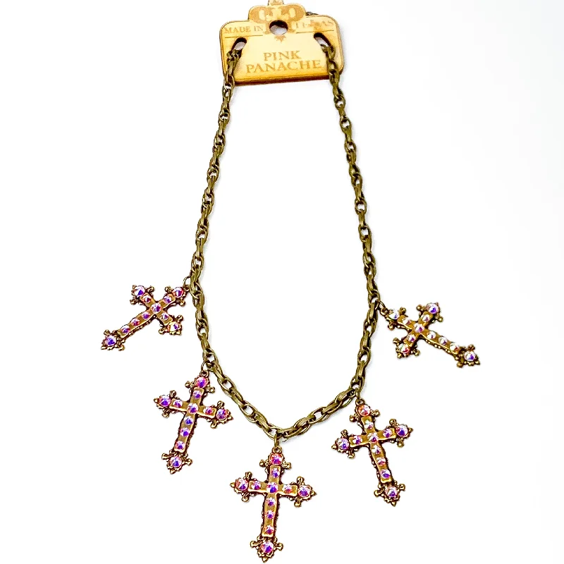 wedding pendant necklaces for women-Pink Panache | Divine Sparkle Bronze Tone Necklace with Cross Charms and AB Crystal Accents