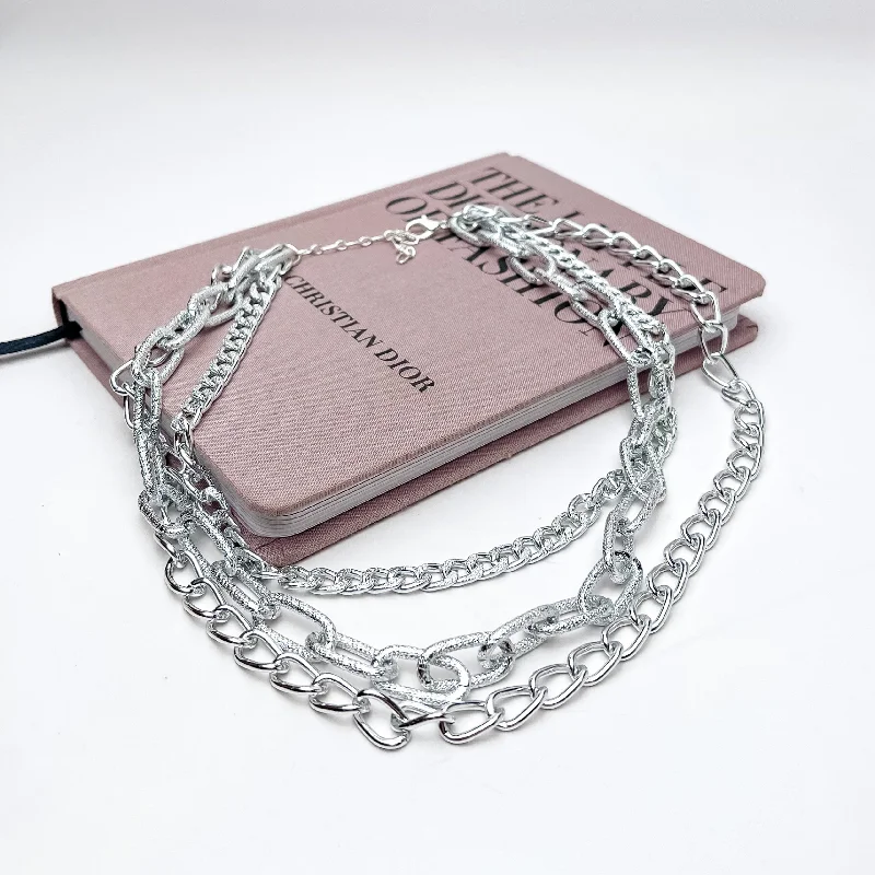 bar pendants for women-Triple Strand Chunky Chain Silver Tone Necklace