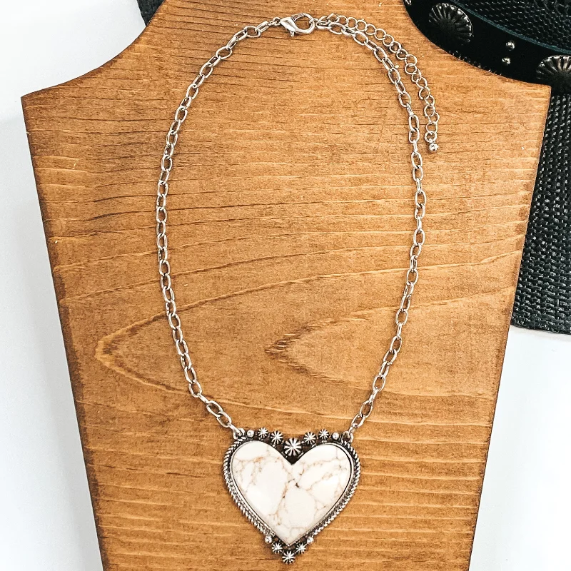 simple pendant necklaces for women-Silver Chain Necklace with Stone Heart Pendant in Ivory