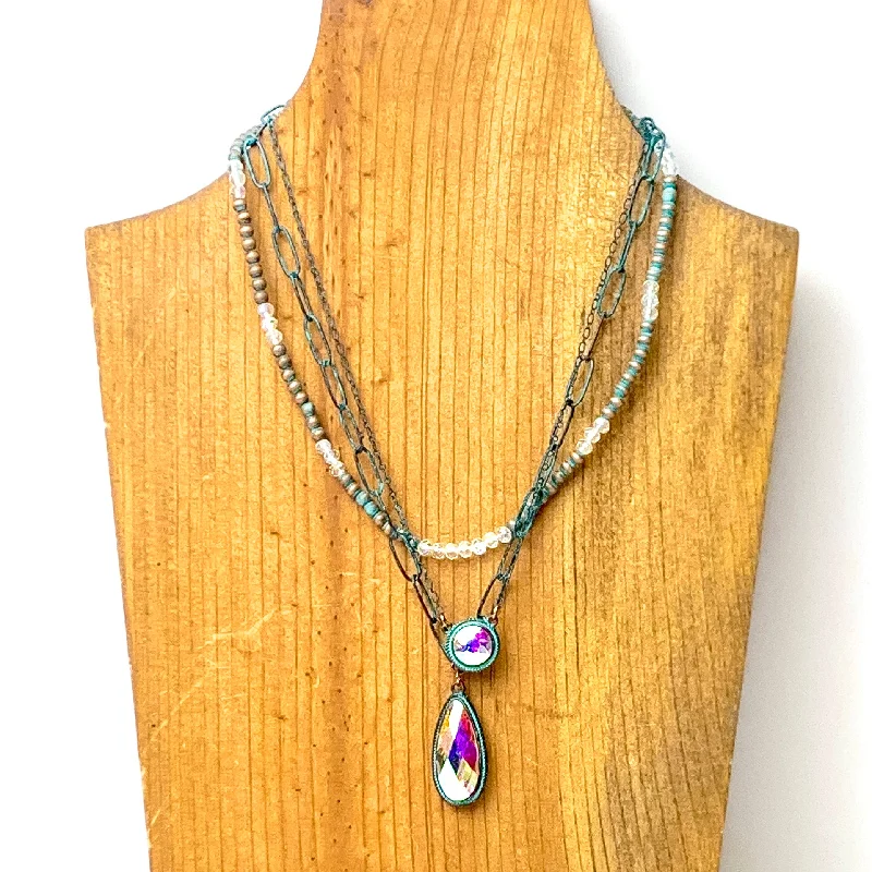 lockets for women-Three Row Faux Navajo Pearl Chain Necklace with AB Stone Pendants in Patina Tone