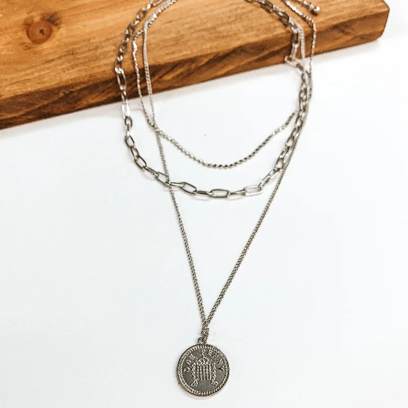 lockets for women-Three Strand Multi Chain Necklace Set with Double Sided Coin in Silver