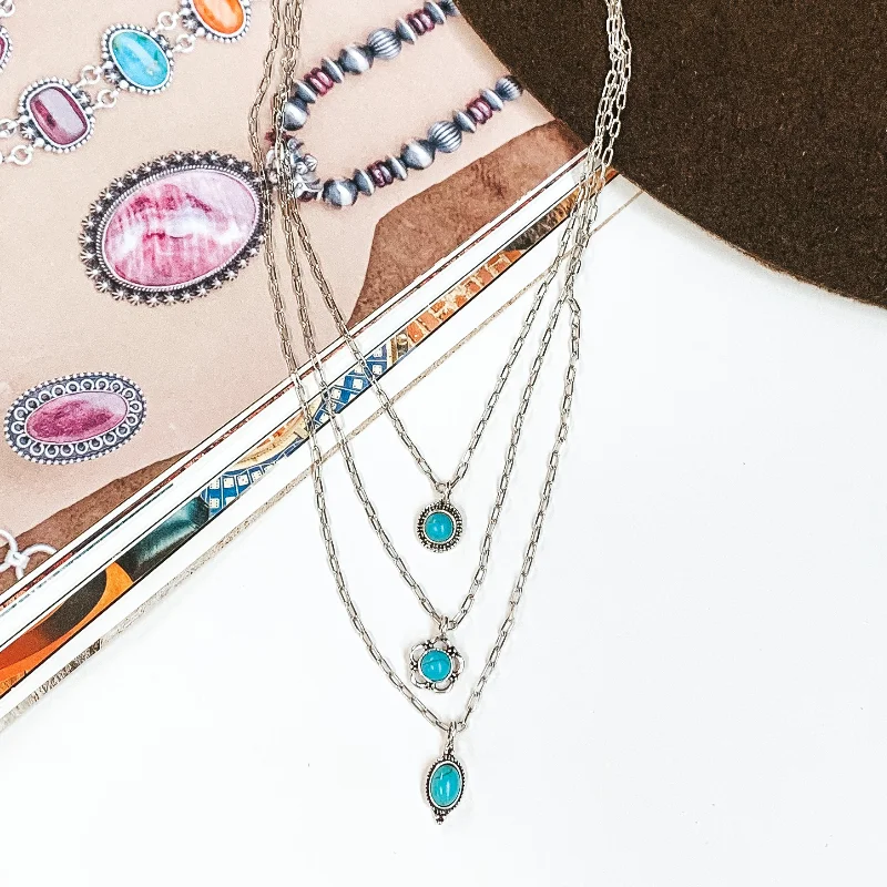 moonstone necklaces for women-Yours For The Weekend Three Layered Silver Necklace with Turquoise Stone Pendants