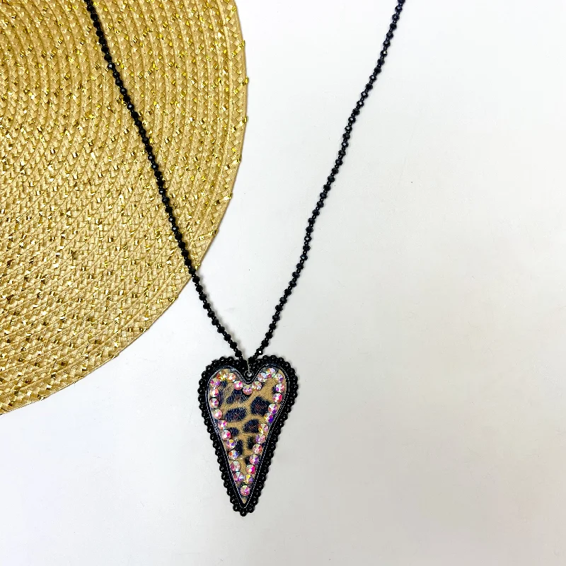 custom necklaces for women-Black Beaded Necklace With Leopard Print Heart Pendant and AB Crystal Border Accents