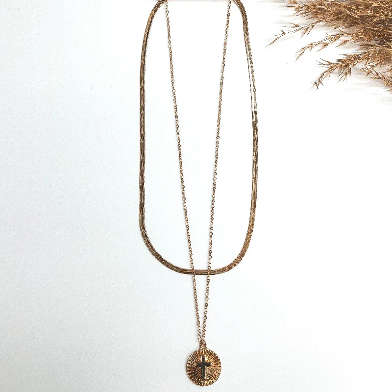 infinity love necklaces for women-Layered Herringbone Chain Necklace with Circle Sunburst Cross Pendant in Gold