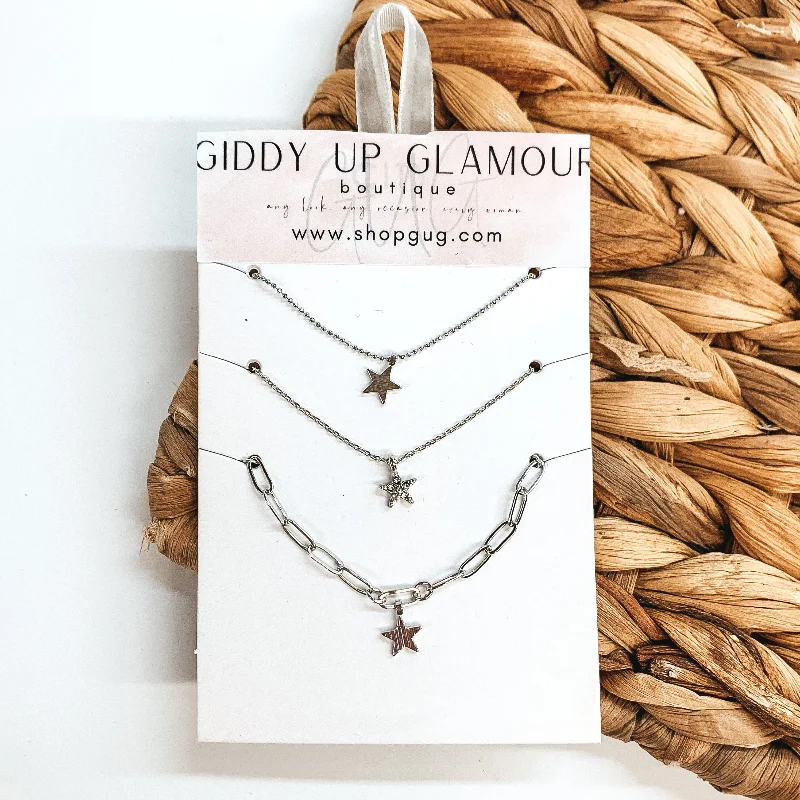 statement necklaces for women-Set of Three | Silver Chain Necklace Set with Star Charms