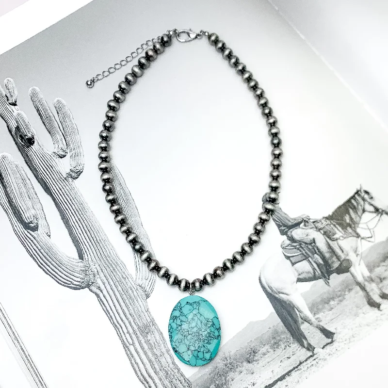 fashion necklaces for women-Silver Tone Beaded Necklace With Turquoise Stone