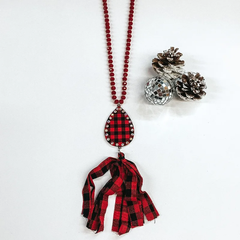 wedding pendant necklaces for women-Crystal Beaded Necklace with Buffalo Plaid Teardrop Pendant and Tassel in Red