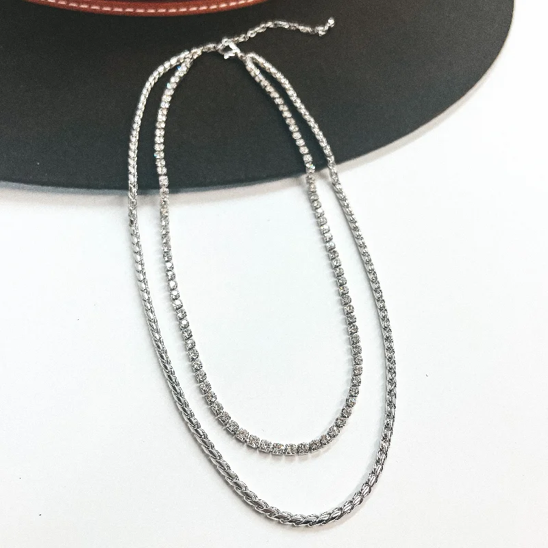 lock necklace pendants for women-Double Layered Braid Chain Necklace with Rhinestones in Silver