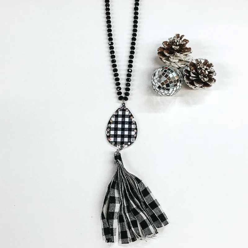 snake chain necklaces for women-Crystal Beaded Necklace with Buffalo Plaid Teardrop Pendant and Tassel in Black