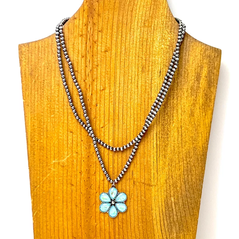 diamond statement necklaces for women-Bourbon Blooms Faux Navajo Pearl Necklace in Turquoise Blue and Silver Tone