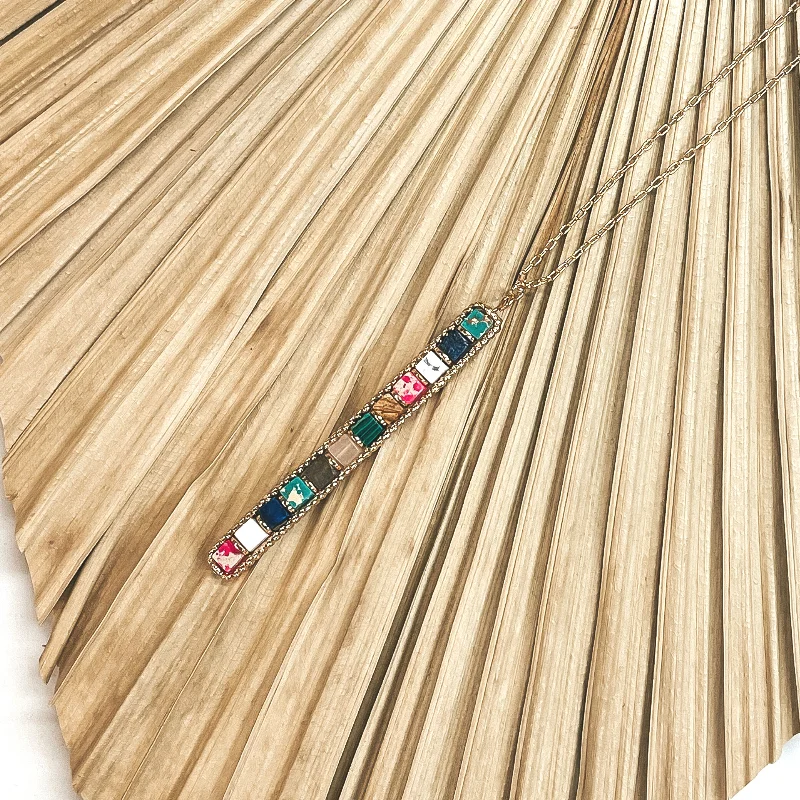 multi-strand necklaces for women-Long Gold Chain Necklace with Semi-Precious Stone Bar Pendant in Multicolor