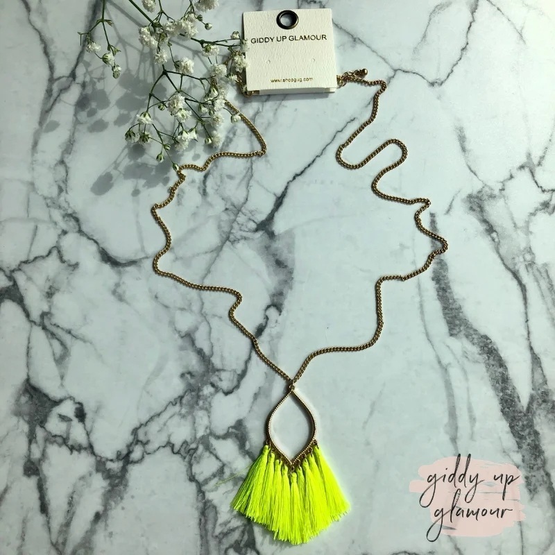 elegant necklaces for women-Gold Chain Lantern Outline Necklace with Fringe Tassels in Neon Yellow