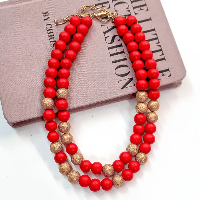 rose gold necklaces for women-Making Joy Large Beaded Two Strand Necklace with Gold Tone Spacers in Red