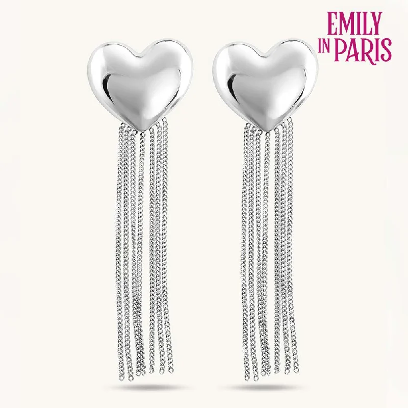 trendy earrings for women-Silver Heart Fringe Drop Earrings