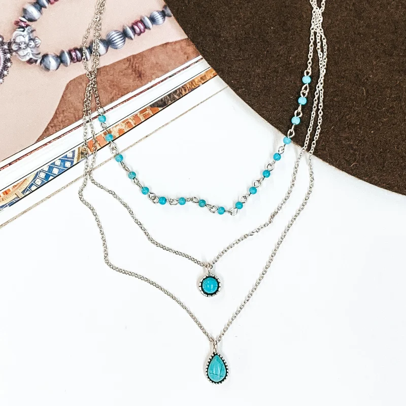 chunky gold necklaces for women-Out of The Blue Three Layered Silver Necklace with Beaded Chain and Stone Pendants in Turquoise