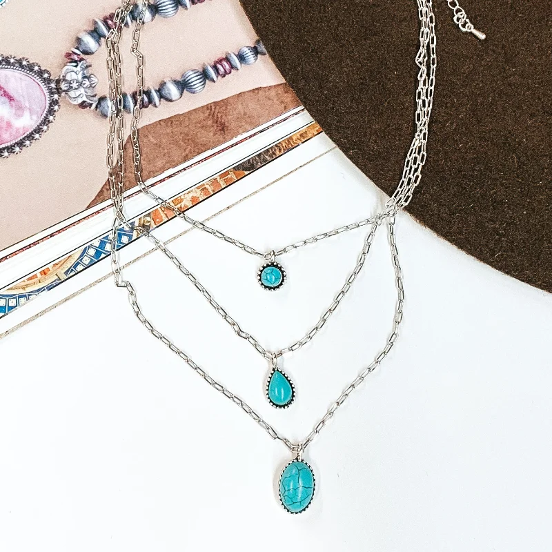 chain necklaces for women-Out of The Blue Three Layered Silver Necklace with Turquoise Stone Pendants