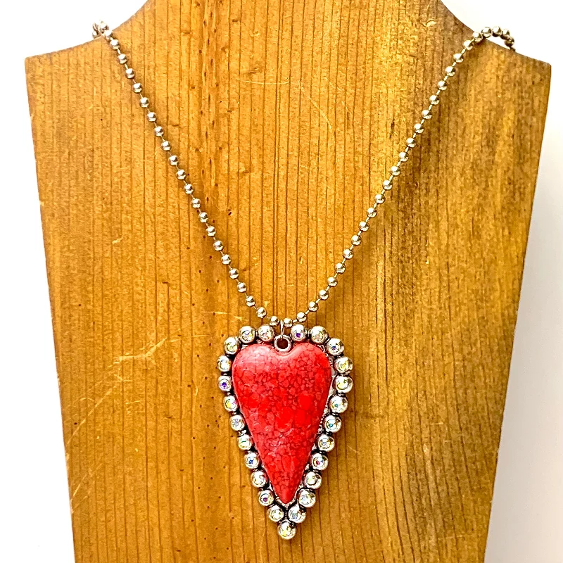 infinity heart necklaces for women-Silver Beaded Necklace With Faux Stone Heart Pendant and AB Crystal Border Accents in Red