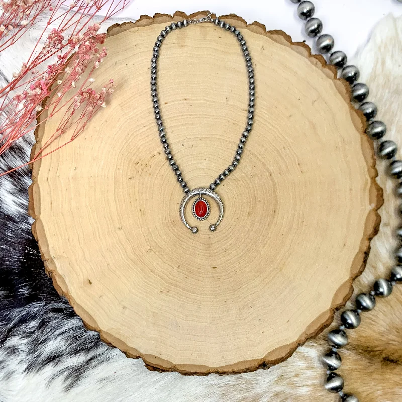 statement necklaces for women-Faux Navajo Pearl Silver Tone Necklace with Naja Pendant and Oval Stone Dangle in Red