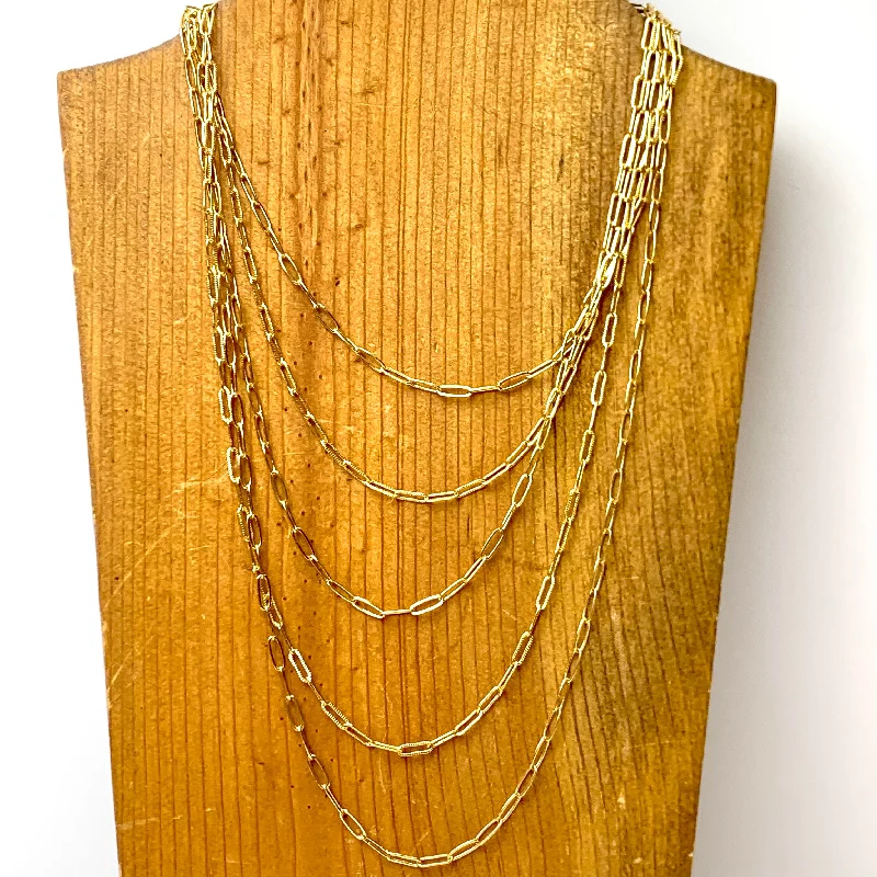 bold necklaces for women-Paperclip Chain Five Layered Necklace in Gold