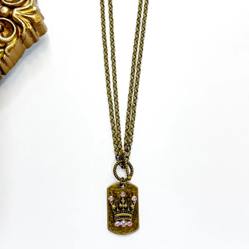 bold necklaces for women-Pink Panache | Crowned Jewel Bronze Tone Necklace with AB Crystal Accents