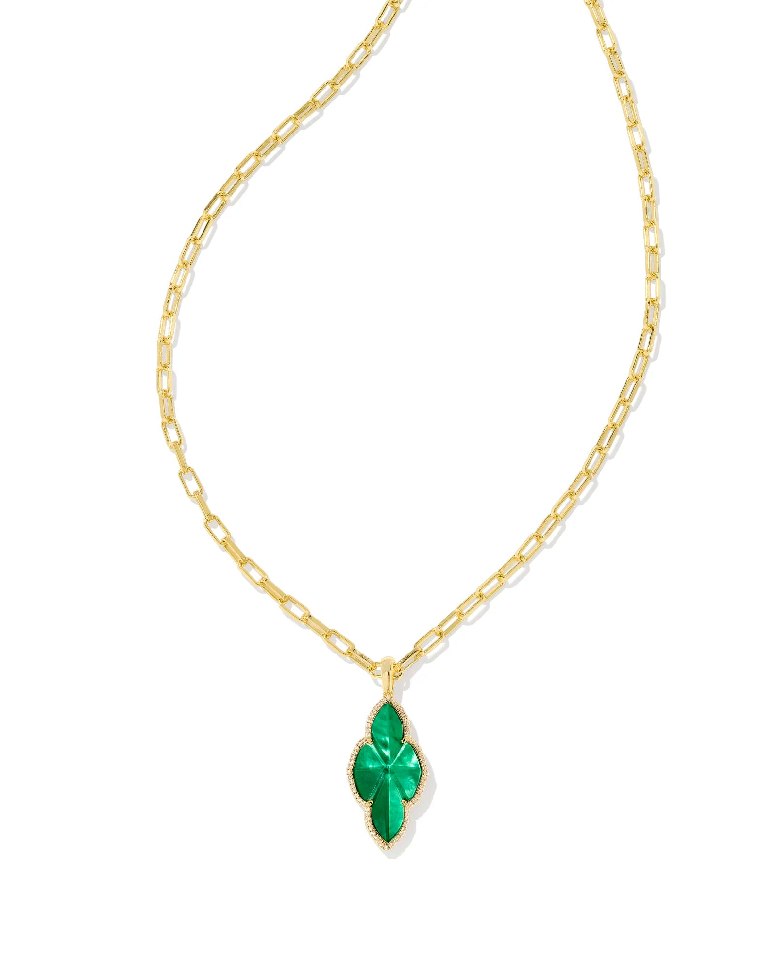 personalized birthstone necklaces for women-Kendra Scott |Abbie Gold Pave Frame Large Long Pendant Necklace in Emerald Green Illusion