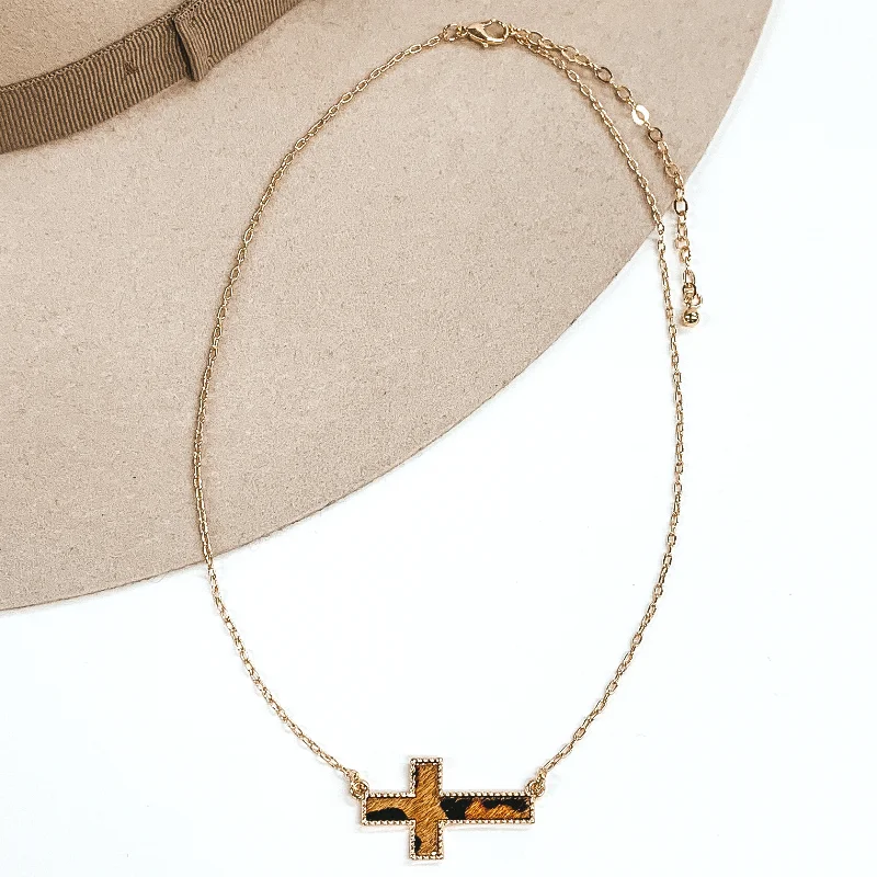 diamond necklaces for women-Gold Paperclip Chain Necklace with Cross Pendant in Brown Animal Print